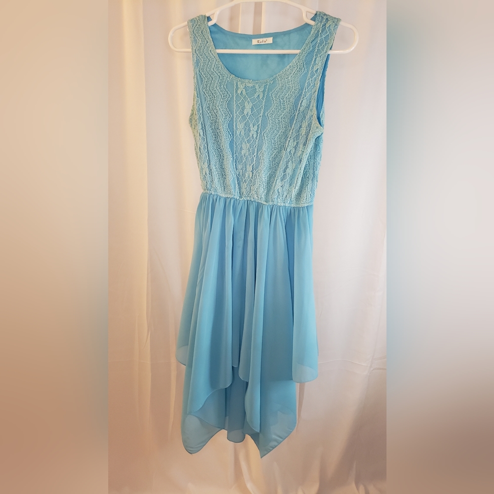 Katie, women's size Small, fit and flare dress, pastel blue. Lined.